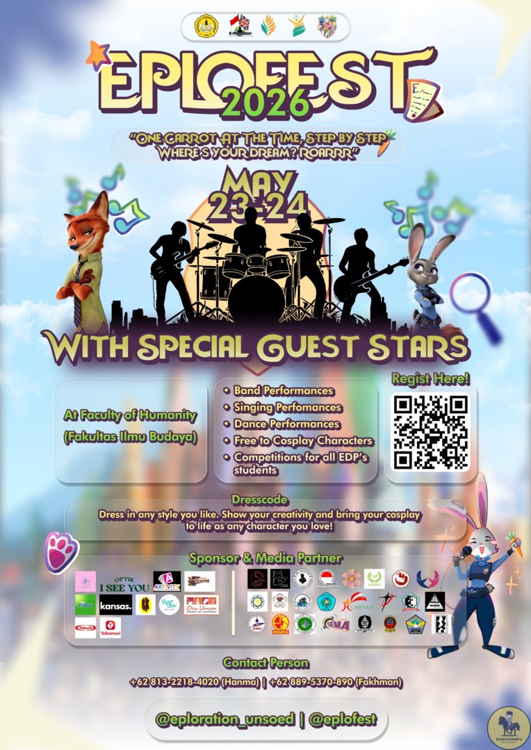 unsoedmfs's tweet photo. Jends!
EPLOFEST 2026 is HEREEE 🦊🐰✨
Get ready to explore our urban jungle at FIB Unsoed on May 23–24, 2026! From *Let See Our Talent* to the main event, we’re bringing fun performances, exciting vibes, and unforgettable moments 

note : all with FREE ENTRY! 🥕🌆🚓 https://t.co/4AMqxhr2fw