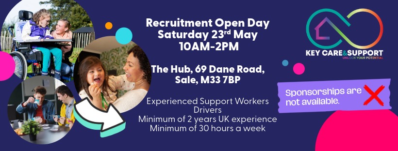 KeyCareOfficial's tweet photo. @JCPinManchester Our Recruitment Open Day is Sat 23rd May. (Recruiting experienced support workers!) Please bring along your CV. https://t.co/OuyJHs6sbd