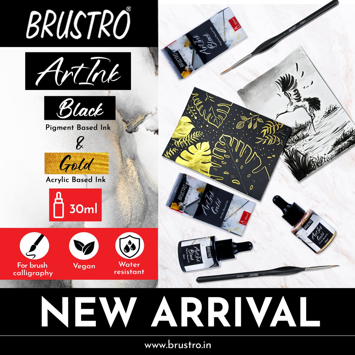 BRUSTRO_'s tweet photo. Gold or Black, every idea starts with a bold stroke ✍️
BRUSTRO ArtInk feature smooth flow, water-resistant and lightfast formulas in easy-to-use 30ml dropper bottles. Metallic Gold for luminous detailing, deep Black for bold sketching, illustration and lettering 🎨 https://t.co/3ltaINipPs