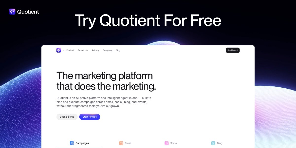 Quotient_AI_'s tweet photo. The Quotient free trial is live today.

The marketing automation platform that actually automates marketing.

Quotient is the marketing platform that actually runs your marketing. Not just helps you write it. Not just suggests what to do next. Actually runs it.

We send the emails. We publish the blogs. We post the social content. We track performance and tell you what's working.

All of it. One platform.

10x your output. 10x your leads. 10x your productivity. A small team that operates like a large one.

Here's what 10x actually looks like:

ABM campaigns built around specific target accounts. Product launches coordinated across every channel. Weekly SEO blogs published automatically. Executive thought leadership running on autopilot. Competitive intelligence delivered to your team every week. Field events fully planned and executed. Sales one-pagers in minutes. Social content in your CEO's voice, without them lifting a finger.

Teams at Chainguard, Toggler, Odin, Ridepanda, and Algoverde are already running marketing this way.

Now we're opening it up to everyone.

Free trial is live today.