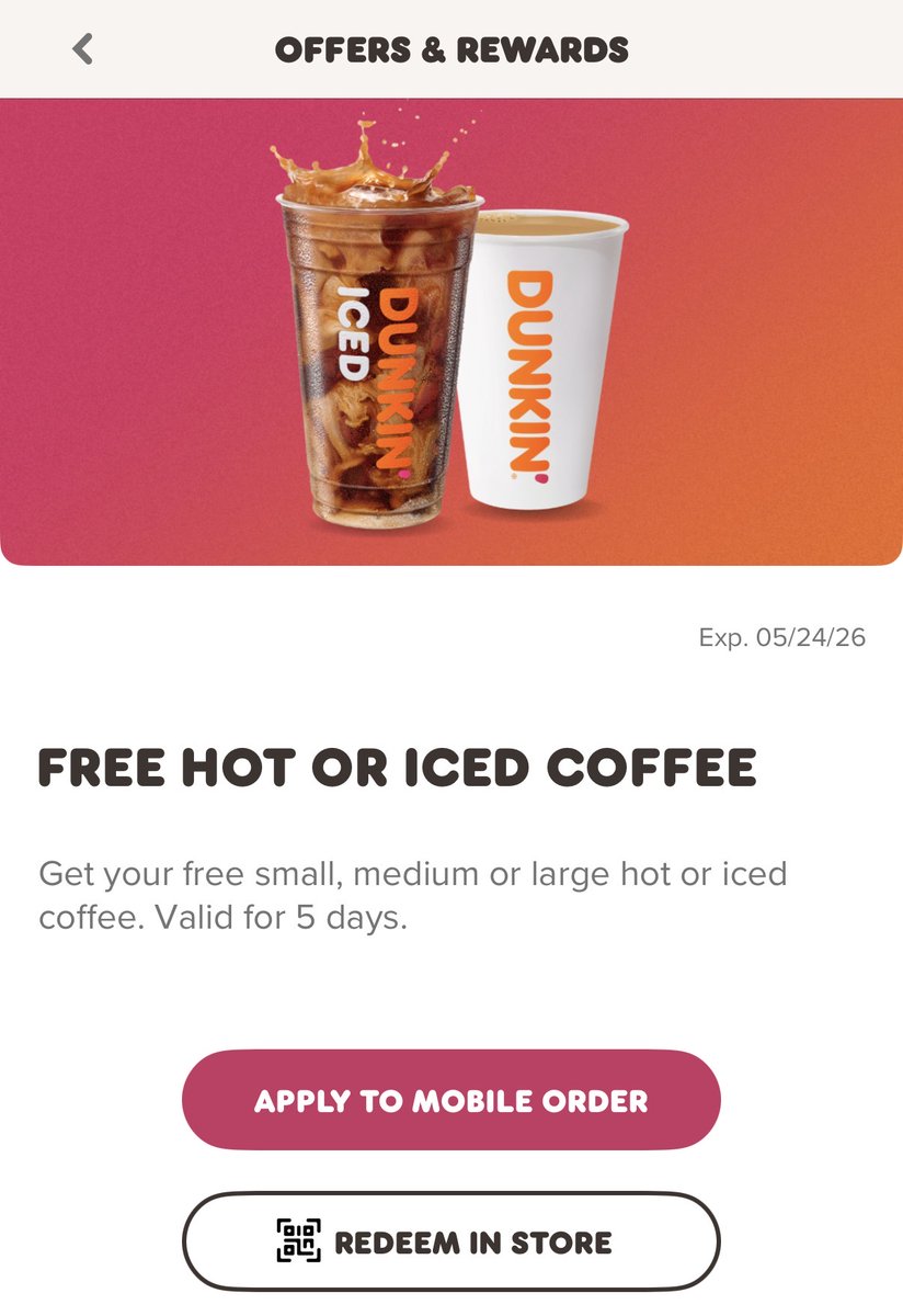Pricerrors's tweet photo. FREE DUNKIN’ COFFEE CODE

Head to Dunkin’ app and add “COFFEEISFREE”

Get a free Hot or Iced coffee

Lemme know if it worked https://t.co/MEgT4du9Mh