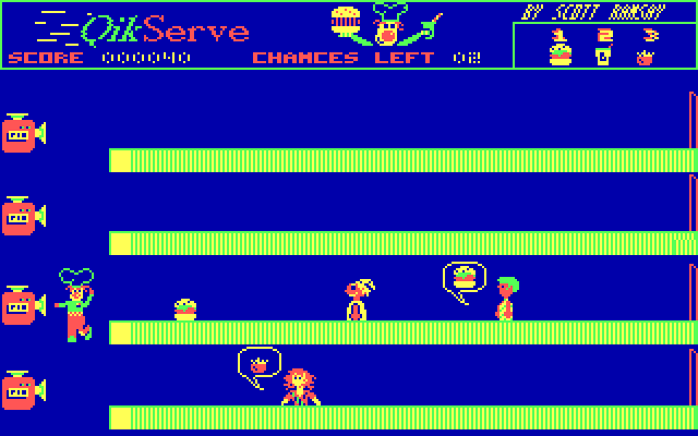 DosGamesCOM's tweet photo. Random game of the day:
QikServe (Classic: Egghead Dude, 1988)
Download/play: https://t.co/cjVnIGz3BW
#dosgaming #retrogaming #classic #arcade #tapper #rootbeertapper #fastfood #cga https://t.co/vMzpU7rypb