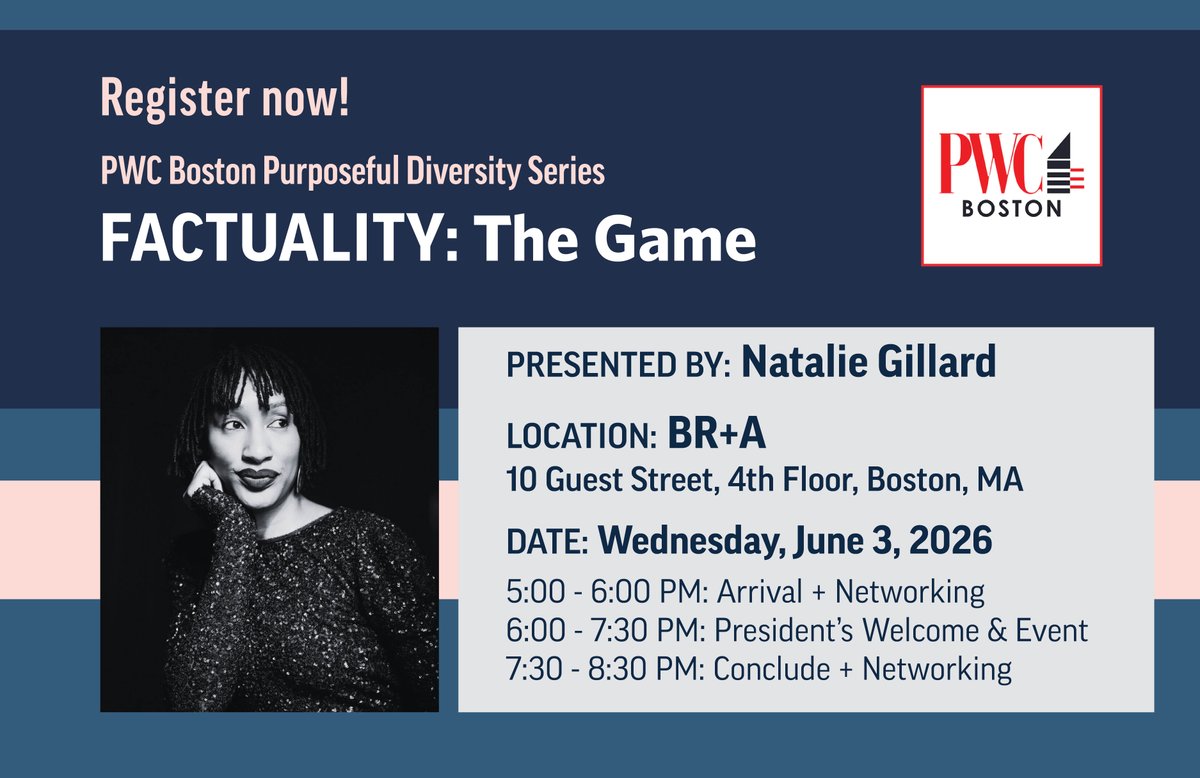 PwcBoston's tweet photo. How often do we pause to truly examine the perspectives, assumptions, and systems shaping the way we work and lead?

Join Natalie Gillard for FACTUALITY the Game — an immersive, facilitated experience designed to spark meaningful dialogue.

✨ https://t.co/MKTRCSqahY

#PWC https://t.co/t4N22leBpK