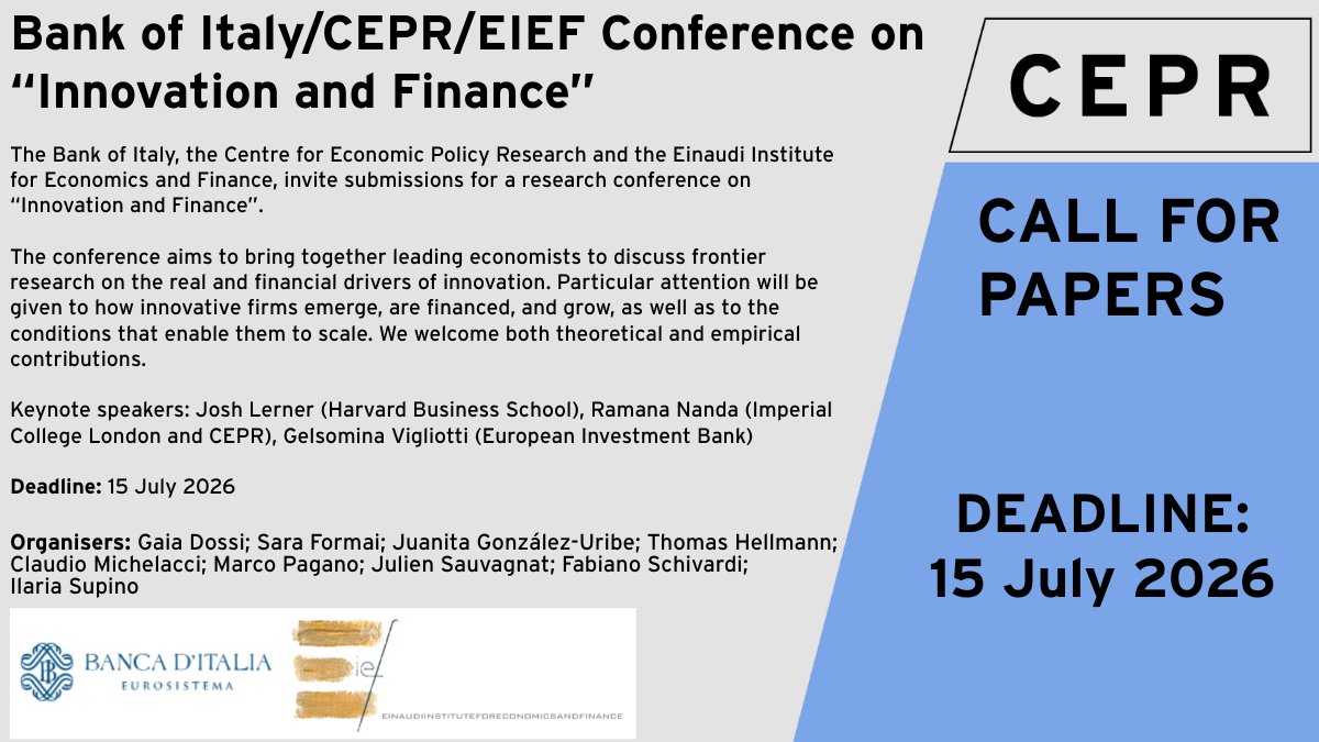 Eief Rome 📢#CallForPapers - Bank of Italy/CEPR/EIEF Conference on “Innovation and ...