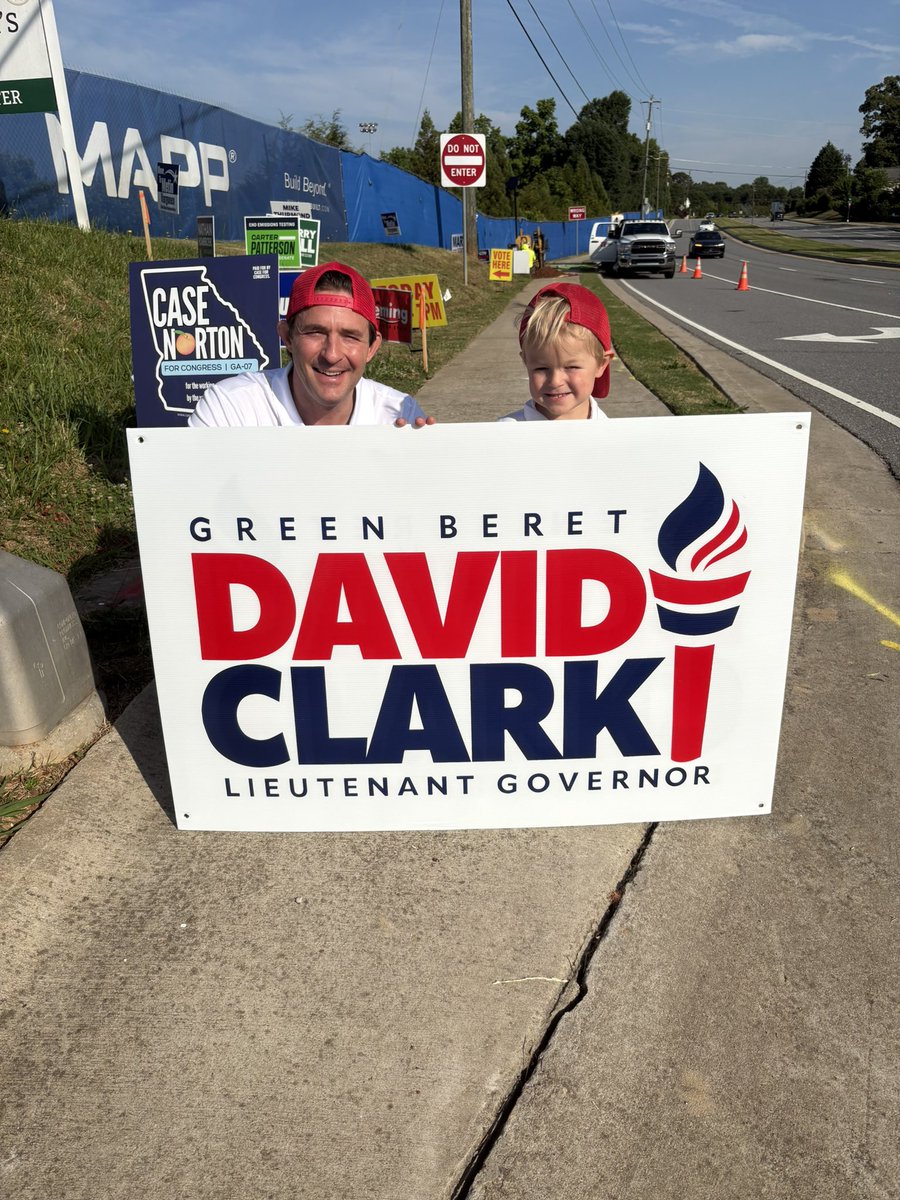 DavidClarkGA's tweet photo. Out sign waving with my Lil man!  Go vote! 🇺🇸 https://t.co/lvakD6r3QY