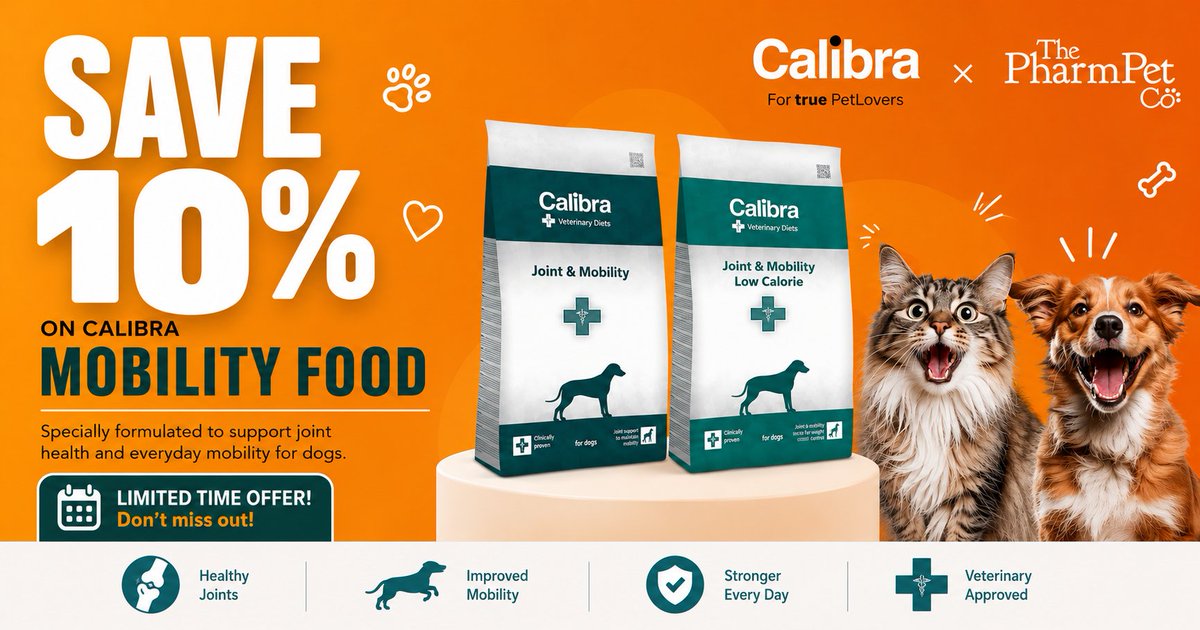 pharmpetco's tweet photo. Save 10% on Calibra Mobility Food at The PharmPet Co!🐾

Shop now at The PharmPet Co with this limited-time offer, and help keep them moving with ease 🐶🐱 https://t.co/dAzUAM9wZ5 

#calibra #DogCare #catcaretips #petcare https://t.co/fMiCPQTI7a