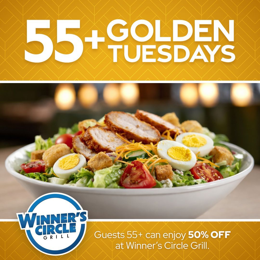 WarHorseLincoln's tweet photo. ✨Golden Tuesdays at Winners Circle! ✨
🍽️ Guests 55+ enjoy 50% OFF their meal at Winners Circle! Treat yourself. You’ve earned it!
Offer begins at 11AM! 🕒
#WarHorseLincoln #GoldenTuesdays #55Plus #WinnersCircle https://t.co/GxcBHBHJzY