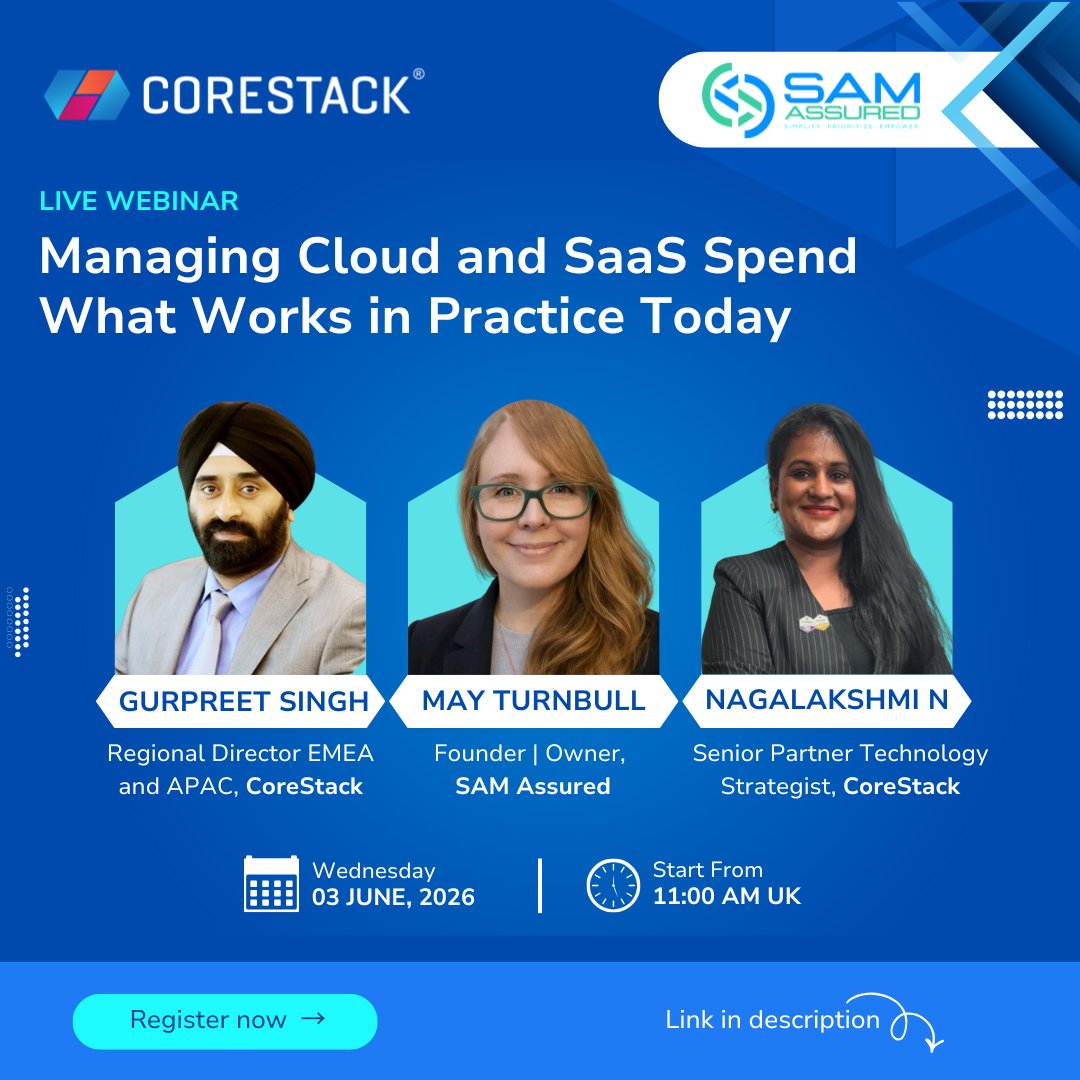 corestack's tweet photo. Join SAM Assured and CoreStack for a practical session on how teams are improving visibility, reducing unnecessary spend, and gaining better control across cloud and software investments.
🔗 Register here: https://t.co/EjovMKEupf

#CloudComputing #FinOps #CloudGovernance https://t.co/5NkwXpgeha
