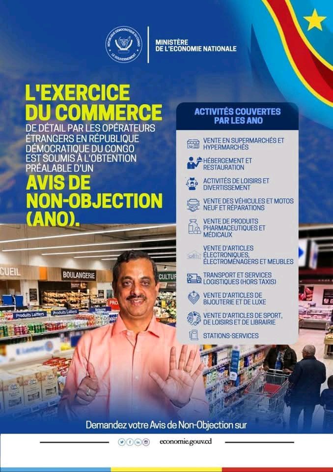 kakese_leon's tweet photo. #RDC Le ministre Mukoko Samba impose l’ANO pour le commerce de détail. 

-Mukoko Samba @DMukokoSamba, a annoncé que l’obtention de l’Avis de Non‑Objection (ANO) est désormais obligatoire pour tout opérateur économique étranger souhaitant exercer le commerce de détail en République démocratique du Congo.

Cette exigence concerne aussi les acteurs déjà présents sur le marché, qui doivent eux aussi soumettre leurs demandes.
Les procédures peuvent désormais être introduites en ligne via https://t.co/TcZ4HBM8UN
