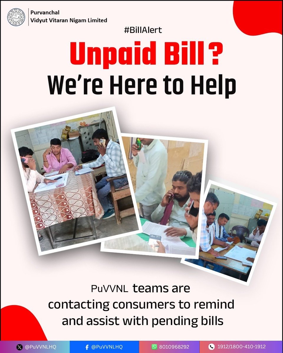 PuVVNLHQ's tweet photo. Avoid service interruptions by clearing your electricity dues on time. Our team is reaching out to guide and support you for a smooth and hassle-free experience. #UPPCL #BillAlert #ConsumerCare #StayConnected
@aksharmaBharat
@EMofficeUP @ChairmanUppcl
@CMOfficeUP @ChiefSecyUP
@UPPCLLKO @DTPuvvnl