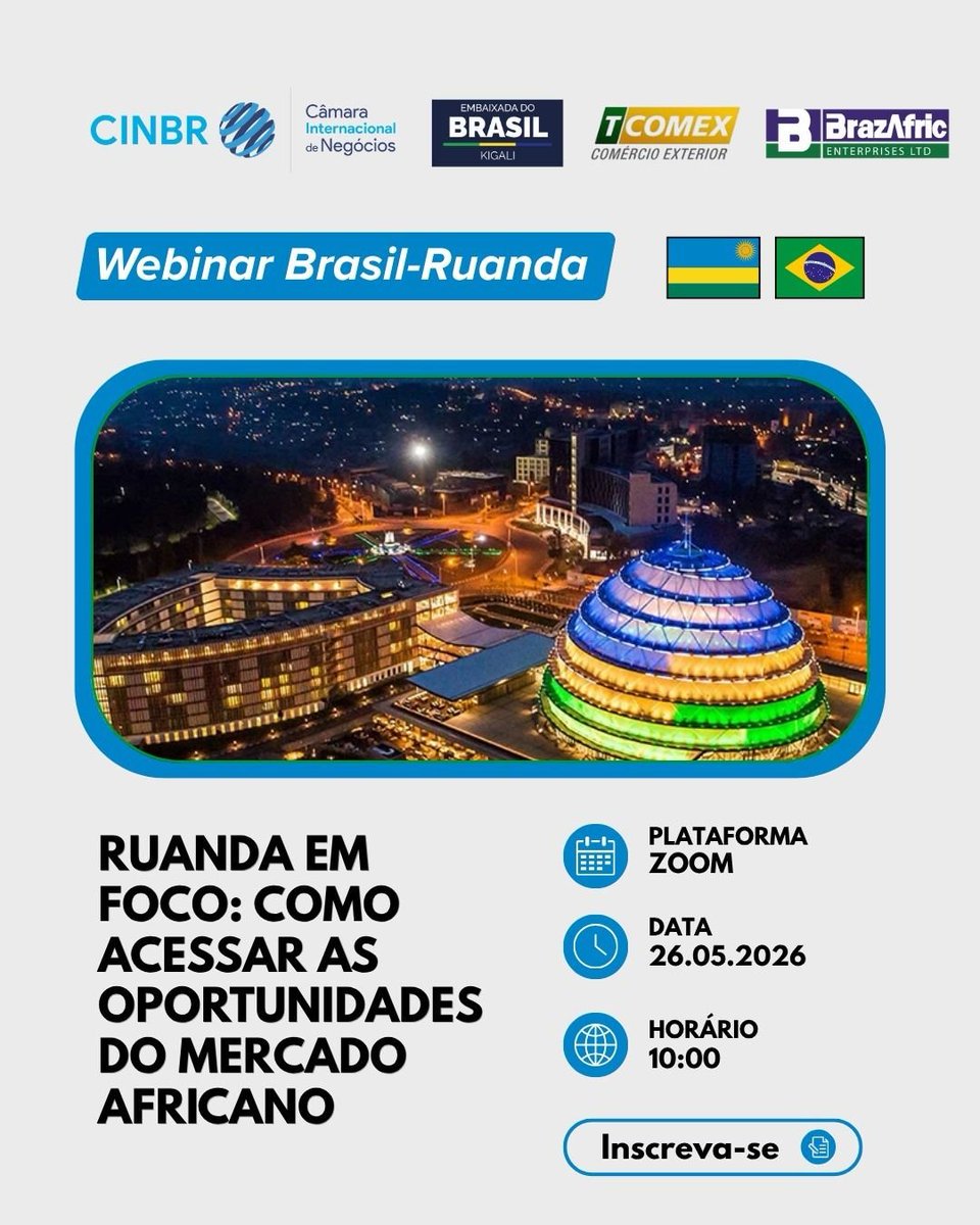 RwandaInBrazil's tweet photo. Webinar “Ruanda em Foco: Como Acessar as Oportunidades do Mercado Africano”, promovido pela Câmara Internacional de Negócios em parceria com a Embaixada do Brasil em Kigali.

O encontro será uma importante oportunidade para empresários e profissionais brasileiros aprofundarem o conhecimento sobre o ambiente de negócios em Ruanda, uma das economias mais dinâmicas da África e porta estratégica de acesso ao continente africano. O webinar abordará oportunidades de investimento, integração regional, comércio exterior e possibilidades de cooperação entre empresas brasileiras e africanas.

🔗 Inscrições: https://t.co/xlNrIE0AMy

Webinar “Rwanda in Focus: How to Access Opportunities in the African Market”, promoted by the International Chamber of Business in partnership with the Embassy of Brazil in Kigali.

The event will be an important opportunity for Brazilian entrepreneurs and professionals to deepen their understanding of Rwanda’s business environment, one of Africa’s most dynamic economies and a strategic gateway to the African continent. The webinar will address investment opportunities, regional integration, international trade, and possibilities for cooperation between Brazilian and African companies.

🔗 Registration: https://t.co/xlNrIE0AMy

#Rwanda #Brazil #RwandaInBrazil #InvestInRwanda #Africa #Business #Trade #InternationalBusiness