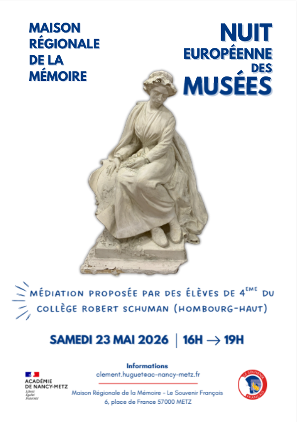 SF_Siege's tweet photo. La Maison Régionale de la Mémoire du Grand-Est - Le Souvenir Français participe à la Nuit Européenne des Musées.
➡️Mobilités pratiques: 
📅Samedi 23 mai 2026
📍Maison Régionale de la Mémoire - Le Souvenir Français - 6 place de France 57000 METZ 
⏰De 16h à 19h https://t.co/hyUYWW2s2Q