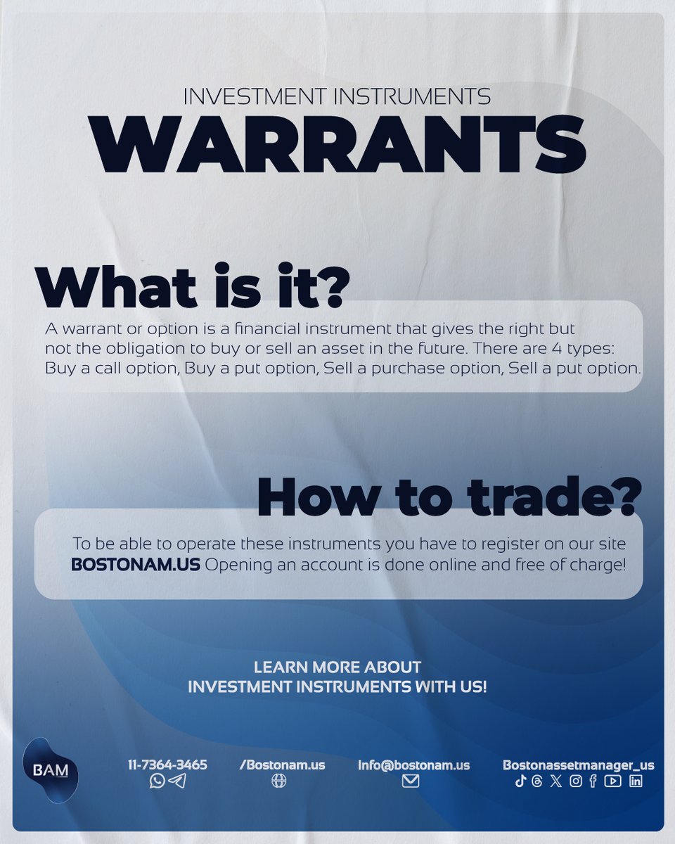 Assetboston_us's tweet photo. What is a Warrant? 
A Warrant is an instrument that provides the option to buy or sell a certain asset in the future. 

Learn more from our website https://t.co/V5RBfHYnlI 

#usa #money #savings #finance #inflation #capital #stock #market #investments #stocks https://t.co/Qkz1dxrj5J