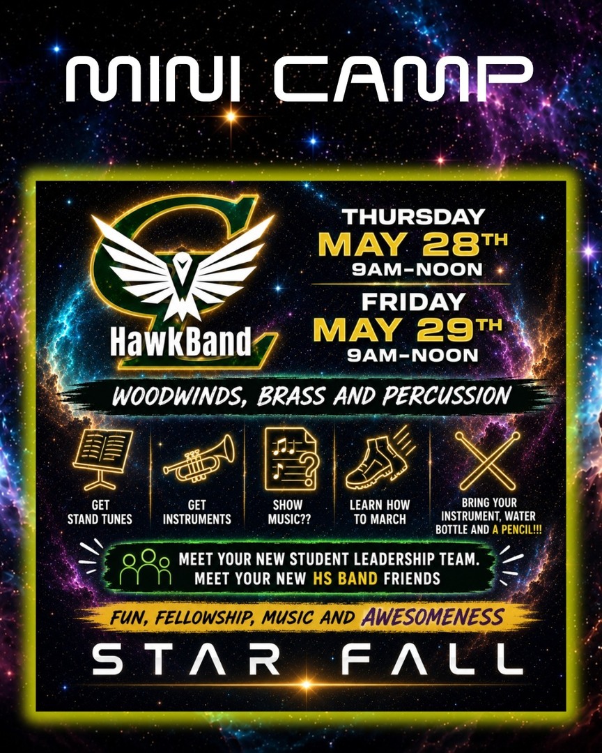 CLHawkBand's tweet photo. The Canyon Lake Hawk Band's Mini Camp starts next week at the CLHS Band Hall!! 9am-Noon on Thursday and Friday!  See ya soon, Hawks! We're so excited to see everyone! https://t.co/siYgaHnIfu https://t.co/z87LydBJWh