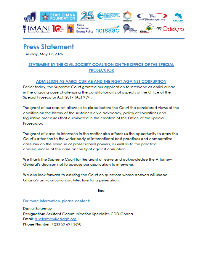 CDDGha's tweet photo. Earlier today, the Supreme Court granted a coalition of fourteen civil society organizations, including CDD-Ghana, leave to intervene as Amici Curiae in the ongoing case concerning aspects of the Office of the Special Prosecutor (@ospghana) Act.

The coalition’s intervention seeks to support the Court with public interest perspectives, institutional memory, and comparative insights relevant to Ghana’s fight against corruption.

Read the full statement: https://t.co/IWcqyUMtl5

#OSP
#AntiCorruption
#CivilSociety
