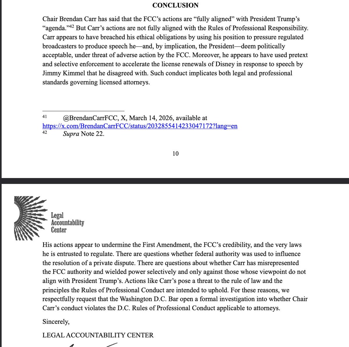 ChristopherTerr's tweet photo. Legal Accountability Center files a Bar complaint against @BrendanCarrFCC 

https://t.co/Oubd5gtLEk https://t.co/JydlHJJjbR