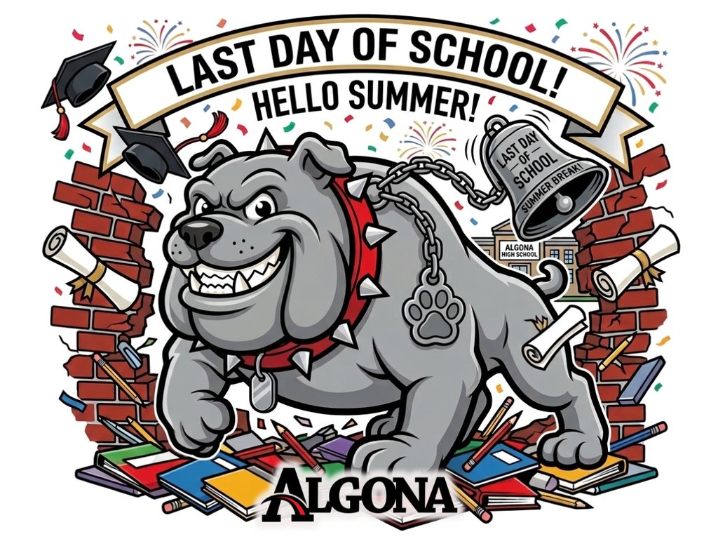 algonacsd's tweet photo. Tomorrow is the last day of school! Elementaries are dismissed at 11:15 and the MS/HS are dismissed at 11:30. No lunch will be served tomorrow. Have a great summer! https://t.co/Ve8zG3uw2r