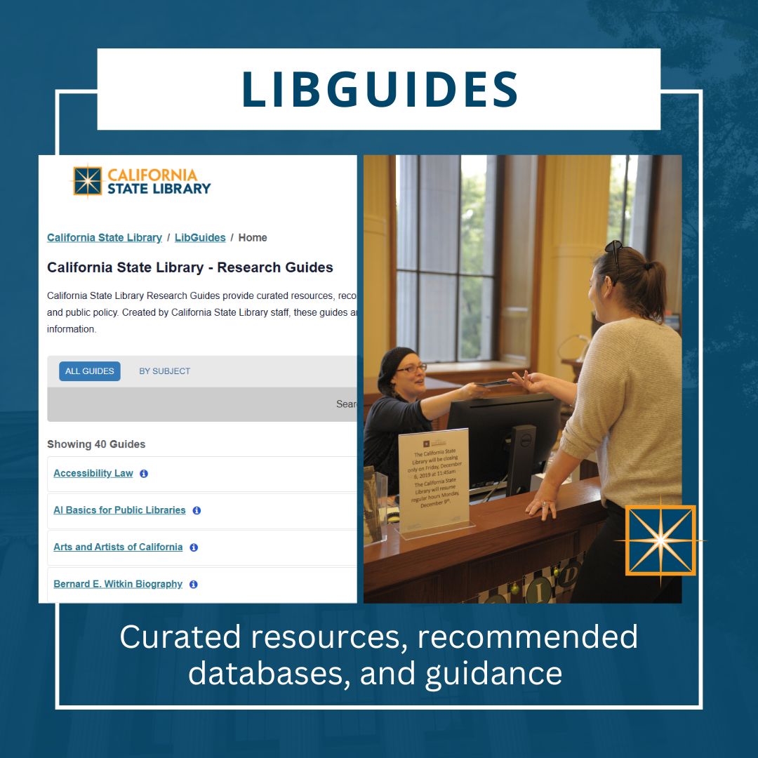 CAStateLibrary's tweet photo. The CA State Library now offers online subject guides through the LibGuides platform! 🎉

Additional guides will continue to be added periodically.
Explore the subject guides at https://t.co/yZuNV0x7KV https://t.co/eoVaaqEyJz
