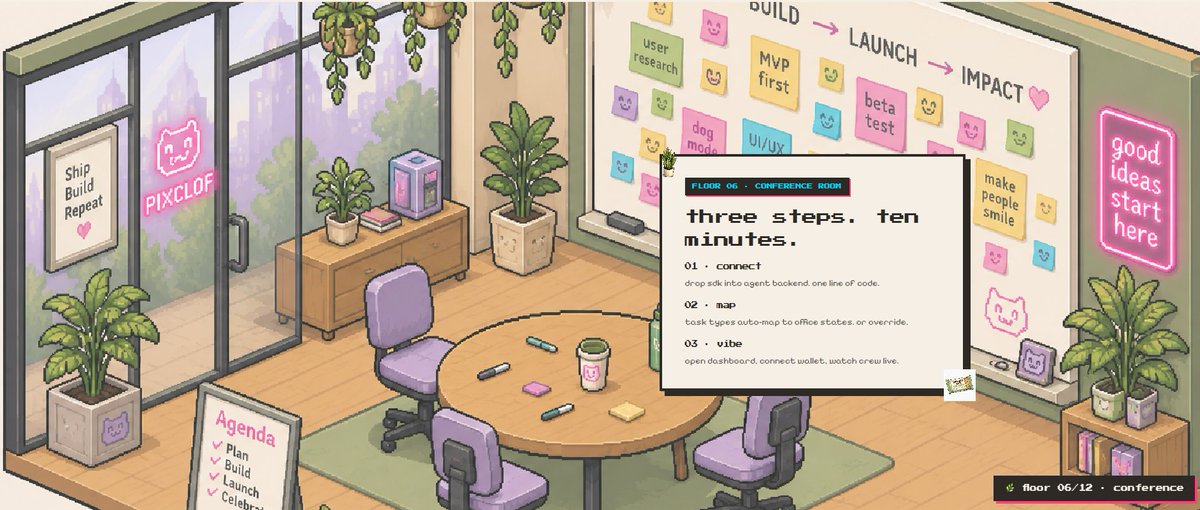 Pixclof's tweet photo. floor 06 — the conference room 🤝

three steps. ten minutes. cozy.

01 · connect — drop our sdk into your agent backend
02 · map — task types auto-route to office zones
03 · vibe — open dashboard, watch your crew live

that's it. no boilerplate. no migration headaches.

https://t.co/IQizUB2T55