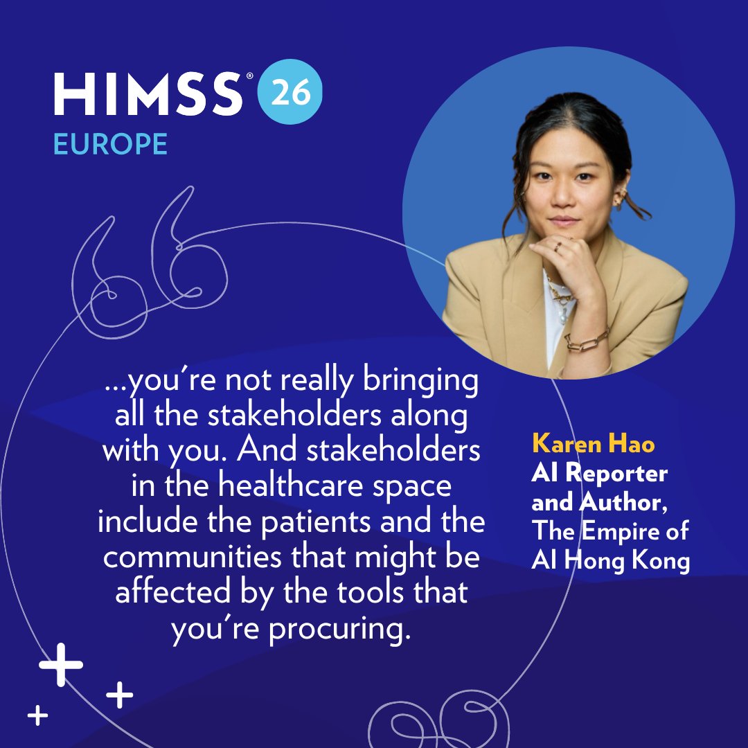 HIMSS's tweet photo. We asked an essential question at the #HIMSS26Europe opening keynote today. What kind of AI future do we actually want to shape?

The discussion spotlighted leaders from healthcare, technology, and journalism, exploring what AI can do and the responsibilities that come with it, featuring:

☑️ Hal Wolf
☑️ Elena Sini
☑️ Lars Fruergaard Jørgensen
☑️ Karen Hao
☑️ Hosted by Lucy Hedges

A conversation like this is meant to set the tone for a week focused on the future of healthcare and the choices shaping it. Some of the biggest questions in healthcare don’t have easy answers, and that’s exactly why conversations like this matter.