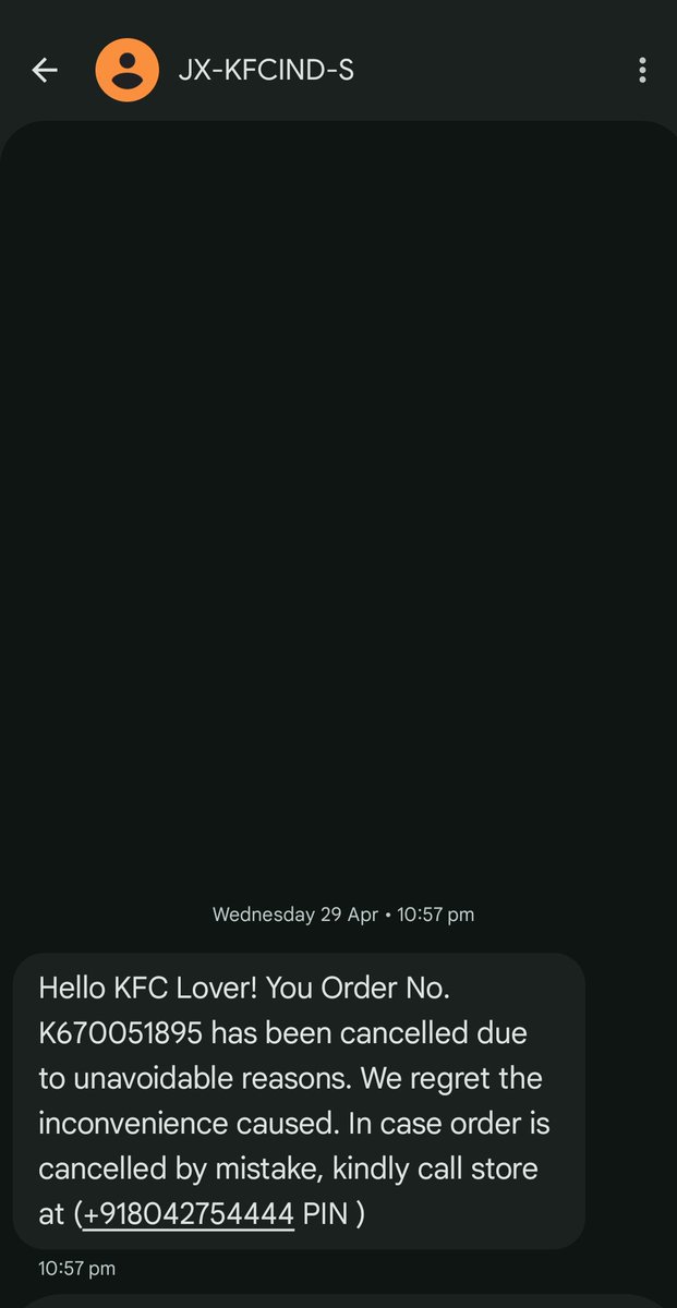 AmanUp42's tweet photo. Ordered from KFC on 29 April, payment was completed, but the order got cancelled due to “unavoidable reasons.” Since then, there has been no proper response, refund update, or resolution from customer service. Extremely poor support experience and zero accountability. @KFC_India https://t.co/VgEwdXAsNS