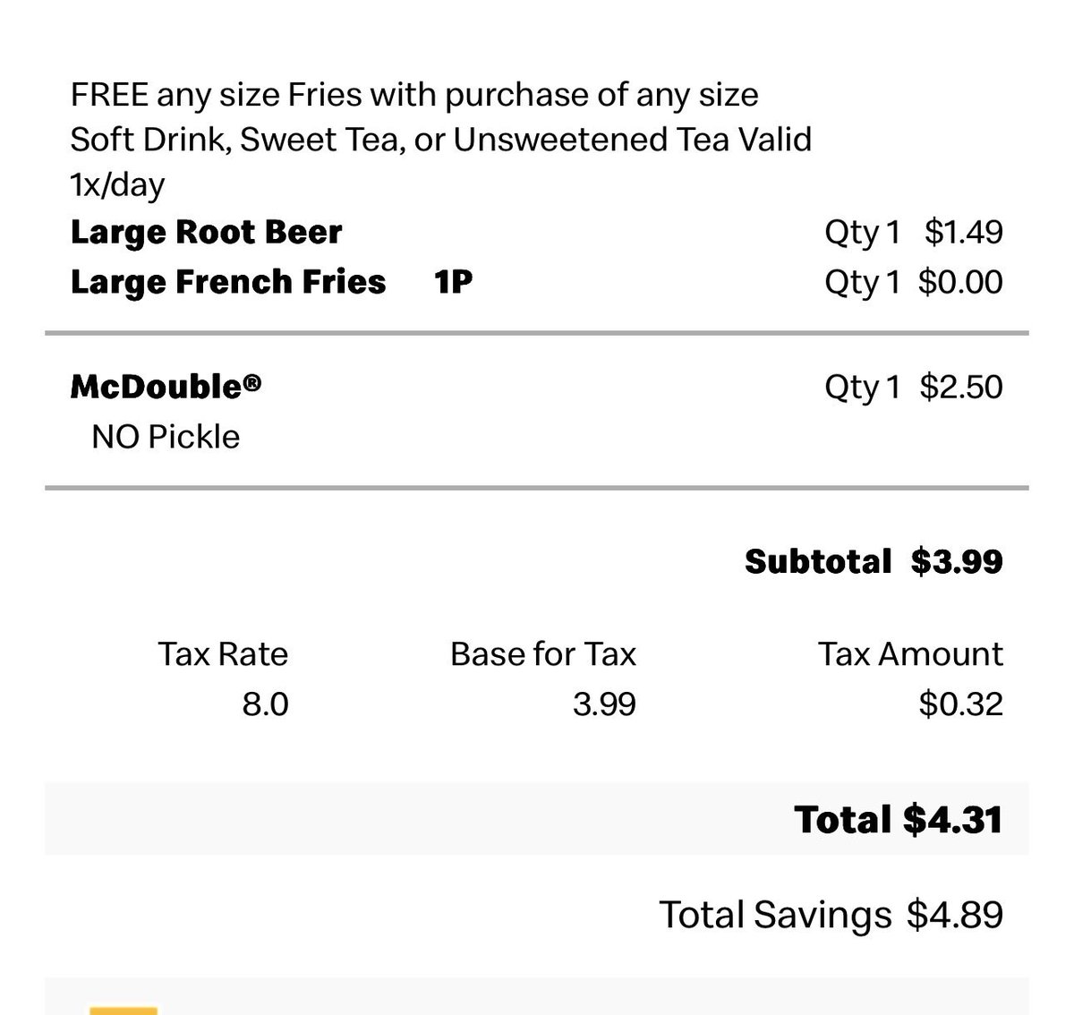 JJOC0205's tweet photo. @RefinedPopulist You can look at cheap options, here’s what I got the other day for lunch, double cheeseburger, large fry, large soda for less than $5 https://t.co/XyyHC4QxIG