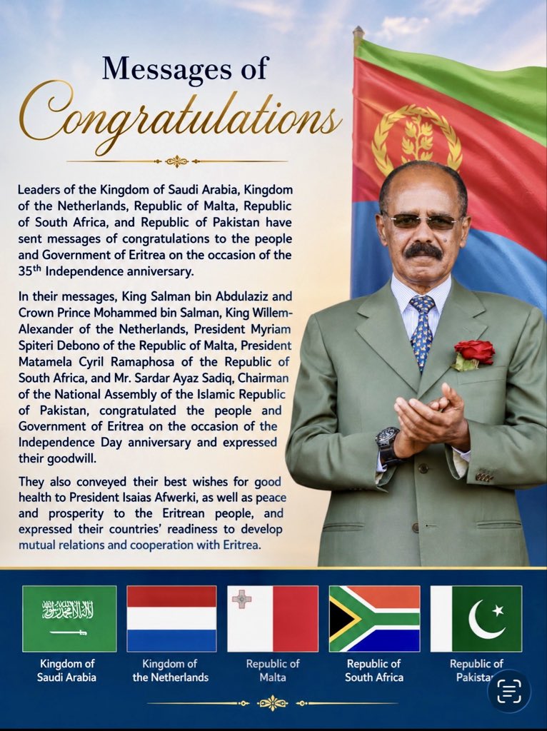 Hagerawnet's tweet photo. 🇪🇷 at 35|• World Leaders Extend Independence Day Congratulations to #Eritrea and President Isaias Afwerki on the 35th Anniversary.
@tesfanews https://t.co/7IoRm7RMaS