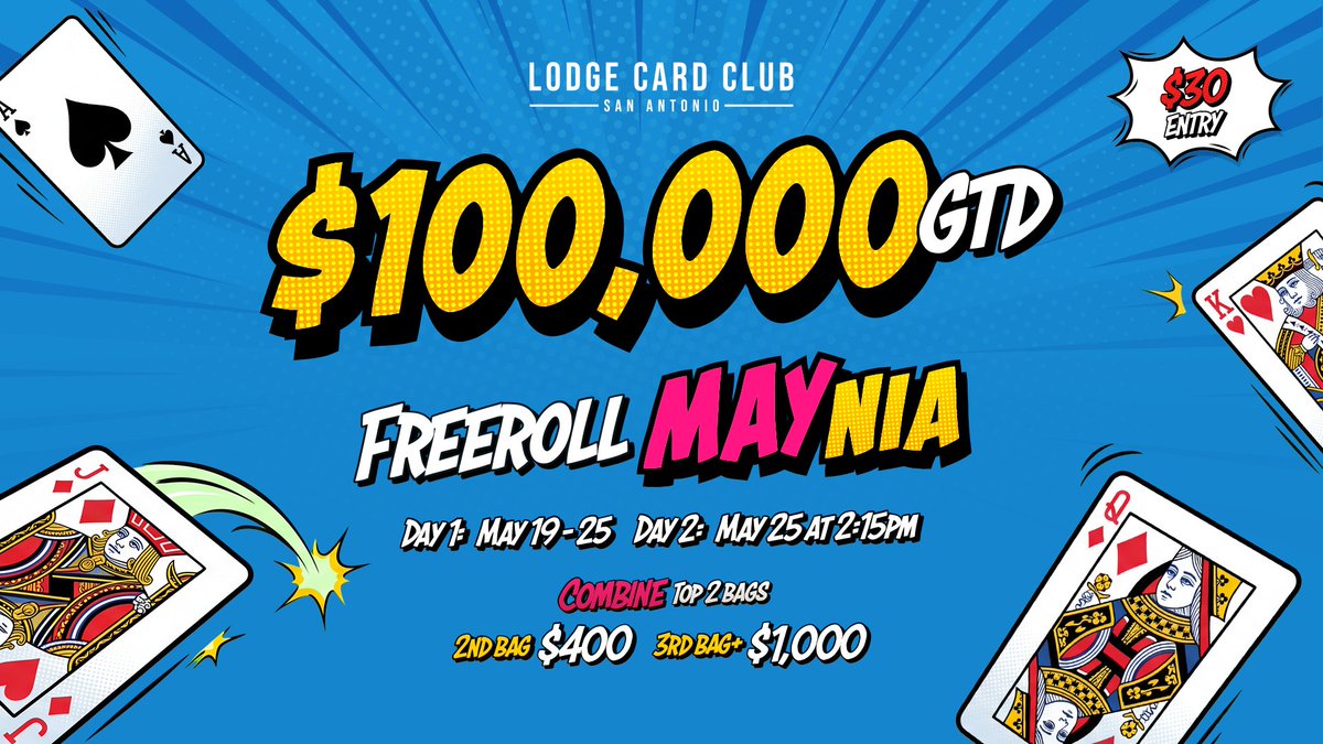 LodgeCardClubSA's tweet photo. 💥 Today is the 1st day of the $100,000 GTD Freeroll MAYnia 💥

Day 1A begins at 6:15pm

👇🏼 A couple of important reminders:

1) You can combine your top 2 bags in this event. The 2nd bag is worth $400, and bags 3+ are worth $1,000

2) 1st place is guaranteed to be at least $20,000

3) Day 2 is May 25th at 2:15PM