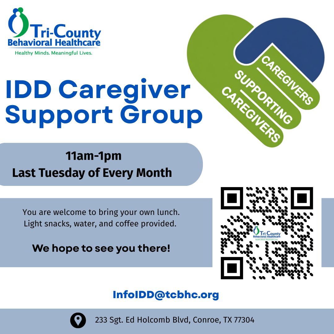 TCBHC's tweet photo. Thank you to everyone who showed up to our inaugural IDD Caregiver Support Group meeting. We truly appreciate your participation and look forward to continuing to build a supportive and engaging space together.

We’re excited to share that RSVPs are now open for our next meeting, scheduled for Tuesday, May 26th from 11:00 AM – 1:00 PM.

Just like our first session, we will be offering both in-person and virtual attendance options to best accommodate everyone’s needs.

In-person location:
233 Sgt. Ed Holcomb Blvd
Conroe, TX 77304

Virtual Information:
The virtual link will be sent out upon RSVP confirmation.

If you would like to attend, please RSVP using the QR code on the attached flyer.