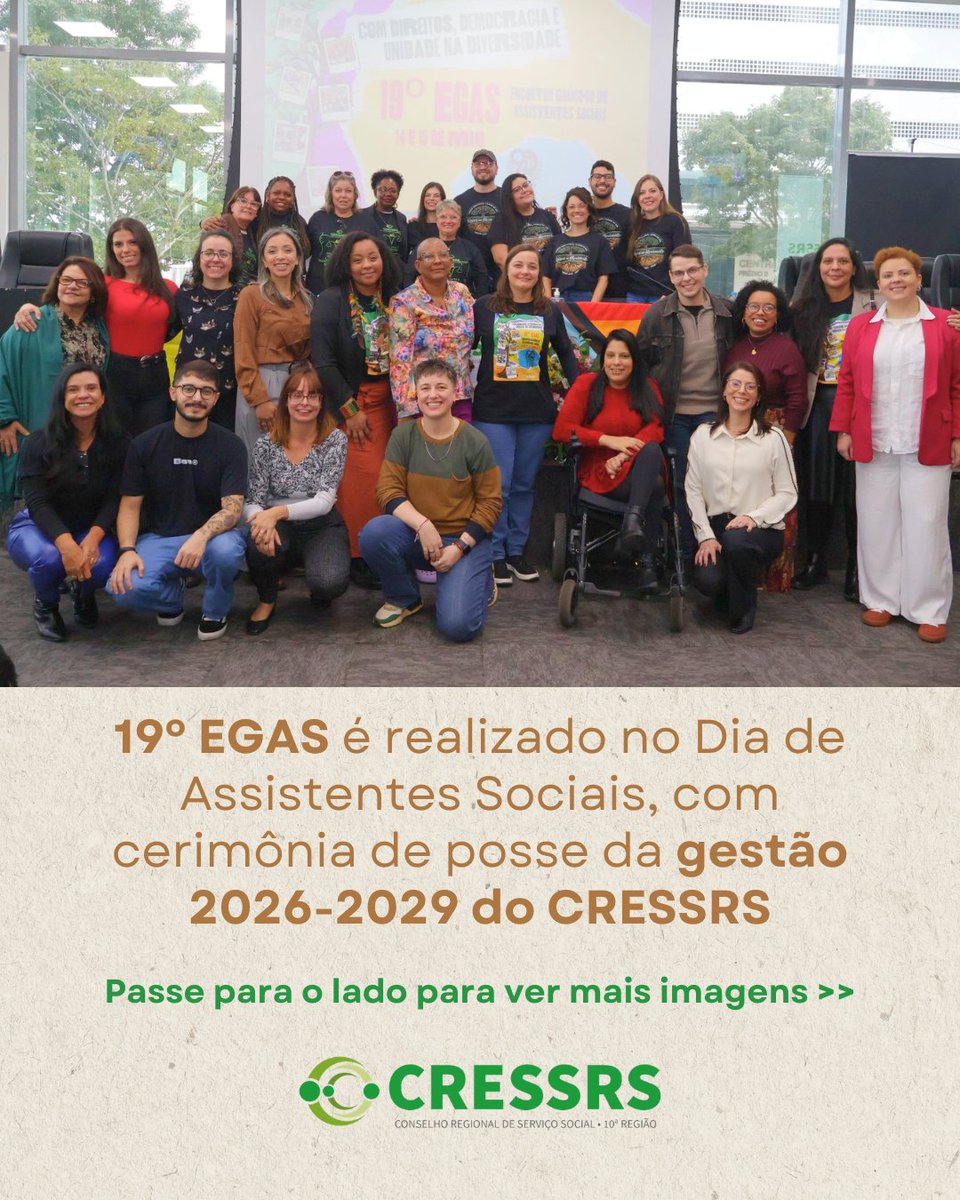 cressrs's tweet photo. 🌿Em 14 e 15 de maio, o CRESSRS realizou o 19º EGAS, com o tema “90 anos do Serviço Social no Brasil: unidade na diversidade, socialização da política e radicalidade democrática das lutas”.

📲Leia notícia completa e acesse as fotografias do evento em https://t.co/ekrIU0NgVd https://t.co/w3ZiaDw40C
