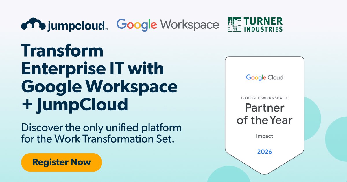 JumpCloud's tweet photo. We’re building the world’s most secure, frictionless workspace with Google. 

Join us on June 11th for an exclusive look at the strategic framework that earned JumpCloud the Google Workspace Impact Partner of the Year Award.

Secure your spot here: https://t.co/IgJqXKu59D https://t.co/ZZP22l3M50