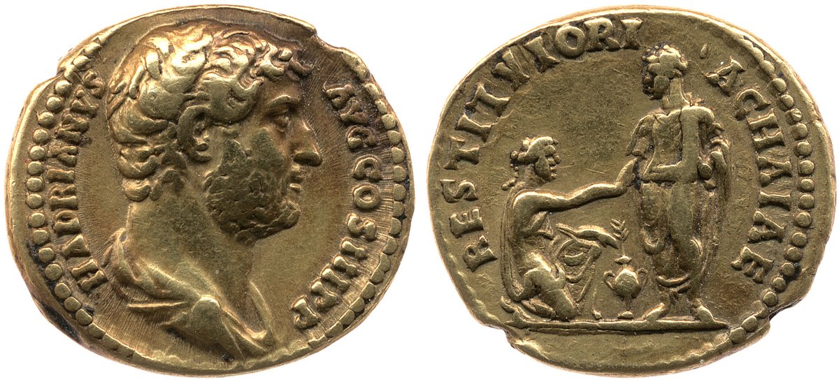 carolemadge's tweet photo. #HadrianFactTuesday - Did you know that Hadrian's travels were commemorated on coins?

Hadrian's reign is notable for a series of coins that vividly commemorated his personal visits to nearly every province of the empire. These coins were issued especially in the later years of his reign. They often depicted the emperor's arrival (adventus), his benefactions (restitutor), or his inspection of the provincial armies (exercitus). Each province Hadrian visited was also personified, typically as a female figure in local dress, sometimes with distinctive attributes (e.g., Africa with an elephant-skin headdress, Egypt with a sistrum and an ibis, Britannia with a shield and a lance). The province is often shown greeting or kneeling before Hadrian, symbolising the emperor's presence and beneficence.

These coins served as imperial propaganda, reinforcing Hadrian's image as a travelling, hands-on ruler who personally cared for and improved the provinces. The imagery communicated messages of peace, prosperity, and unity under Roman rule, and celebrated Hadrian's role as a benefactor and restorer.