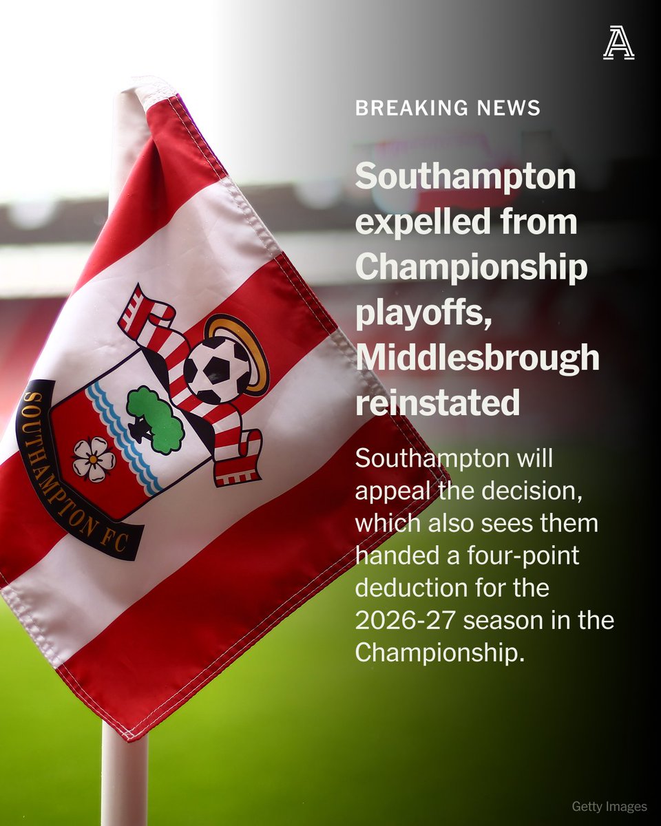 TheAthleticFC's tweet photo. Southampton have been expelled from the Championship play-off final, with Middlesbrough — who they defeated in the semi-final stage — reinstated.

The Championship play-off final will now take place between Middlesbrough and Hull City at Wembley Stadium on Saturday May 23.

The south-coast club will appeal the decision, which also sees them handed a four-point deduction for the 2026-27 season in the Championship.

More from @mwalker2771 & @Dan_Sheldon_ 

FREE READ 🔗 https://t.co/kzCLTE3M3D