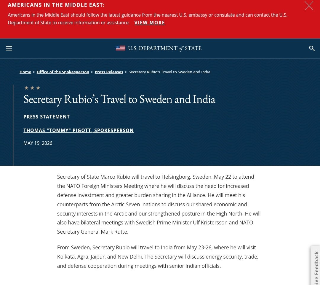 sidhant's tweet photo. US Secretary of State Rubio to visit India from May 23-26

Delhi
Agra
Jaipur 
Kolkata https://t.co/iWxpsAn1qu