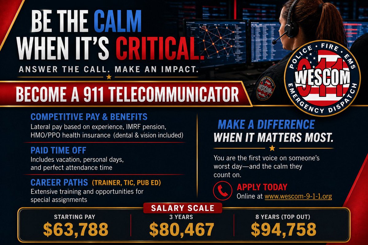 LockportFire's tweet photo. If you or someone you know is looking to become a telecommunicator with one of the best dispatch centers around, now’s your chance.  WESCOM 911 is hiring!

Join a team of dedicated professionals who play a critical role in helping first responders and the communities they serve every single day.

Visit the link below and get your application in today!!

https://t.co/B5lZScV8d2