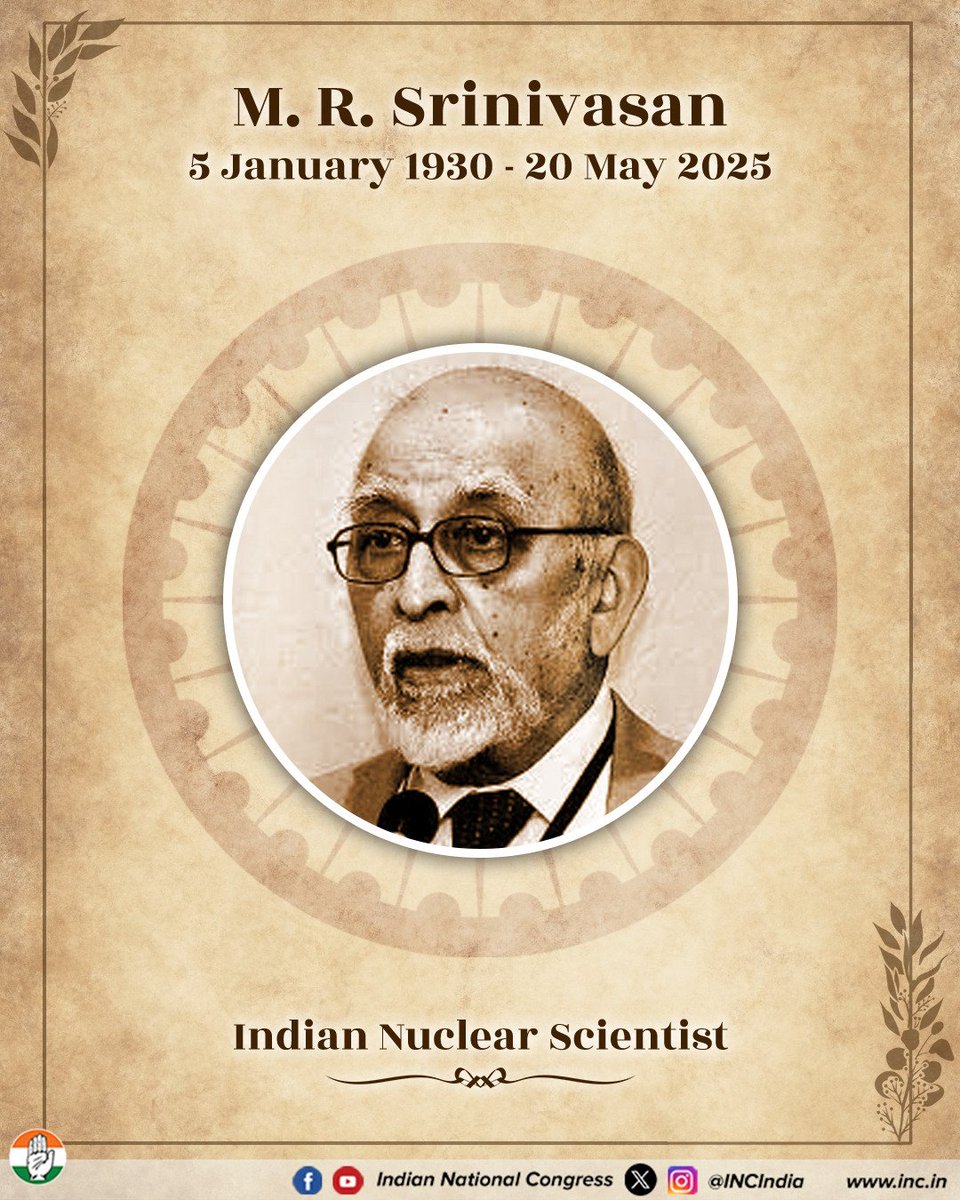 INCIndia's tweet photo. Tributes to eminent nuclear scientist M. R. Srinivasan, whose remarkable contributions to India’s nuclear energy programme and scientific progress will continue to inspire generations of innovators and researchers. https://t.co/6wmhN5IQ7P