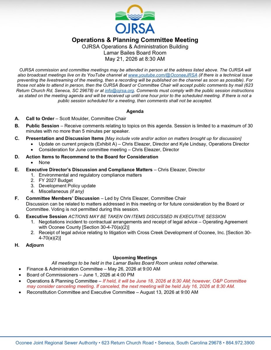 ojrsa's tweet photo. The Operations &amp; Planning Committee Meeting will be held at 8:30 a.m. on Thursday, May 21, 2026.  Please see attached.
 
All meetings will be held at the Coneross Creek Wastewater Treatment Facility Administration Building in the Lamar Bailes Board Room unless otherwise noted. https://t.co/GI9Hgyo7vW