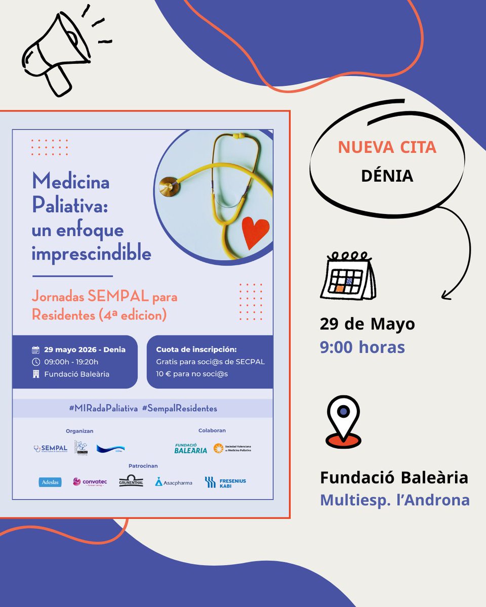 secpal_'s tweet photo. 📢 Tras su paso por Bilbao, las Jornadas #SempalResidentes 'Medicina Paliativa: un enfoque imprescindible' llegan a #Dénia | #MIRadaPaliativa

🗓️ 29 de mayo 
📍 Fundació Baleària 
✍️ Gratis para soci@s de #SECPAL | 10€ para no soci@s  

ℹ️ Más info ➡️ https://t.co/n2qWBsgQk0 https://t.co/8iL9F5Nnnx