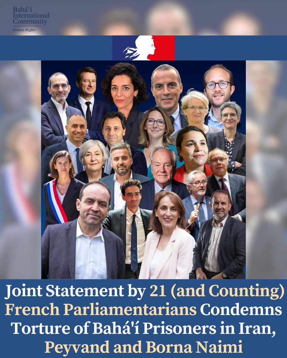 BahaiBIC_Rights's tweet photo. In a joint declaration, 21 (and counting) French parliamentarians have expressed their firm condemnation of the situation facing Peyvand and Borna Naimi, young Iranian Bahá'ís arbitrarily detained since January 8 and March 1, 2026, respectively.

Imprisoned in Kerman, they are enduring unbearable physical and psychological torture, including mock executions, aimed at extracting false confessions that could serve as a pretext for a death sentence. Accused without evidence of participating in protests and attacks against Revolutionary Guards, the true reason they are being targeted is their religious beliefs.

The parliamentarians note that since 1979, the Iranian government has systematically made Bahá'ís scapegoats during every political or social crisis, accusing them without proof of espionage or conspiracy. 

They demand that France use all diplomatic levers to pressure the Iranian regime to end these persecutions and secure the immediate release of Peyvand and Borna Naimi, as well as all Bahá'í and prisoners of conscience in Iran.

Signatories:
Ayda Hadizadeh (Députée du Val d'Oise)
Yannick Jadot (Sénateur de Paris)
Jérémie Patrier-Leitus (Député du Calvados)
Mickaël Bouloux (Député d'Ille et Vilaine)
Pouria Amirshahi (Député de Paris)
Rodrigo Arenas (Député de Paris)
Sandra Regol (Députée du Bas-Rhin)
Sandrine Rousseau (Députée de Paris)
Marie-Noëlle Battistel (Députée de l'Isère)
Karim Benbrahim (Député de la Loire Atlantique)
Sandrine Runel (Députée du Rhône)
Alexis Corbière (Député de la Seine-Saint-Denis)
Christian Cambon (Sénateur du Val-de-Marne)
Eric Martineau (Député de la Sarthe)
Pierre Pribetich (Député de la Côte d'Or)
Léa Balage El Mariky (Députée de Paris)
Hervé Saulignac (Député de l'Ardèche)
Dorine Bregman (Députée de Paris)
Fabrice Barusseau (Député de la Charente-Maritime)
Paul Christophe (Député de la Drôme)
Fatiha Keloua Hachi (Députée de la Seine-Saint-Denis).

#BahaiRights #PeyvandNaimi #BornaNaimi #Iran #FrenchParliament