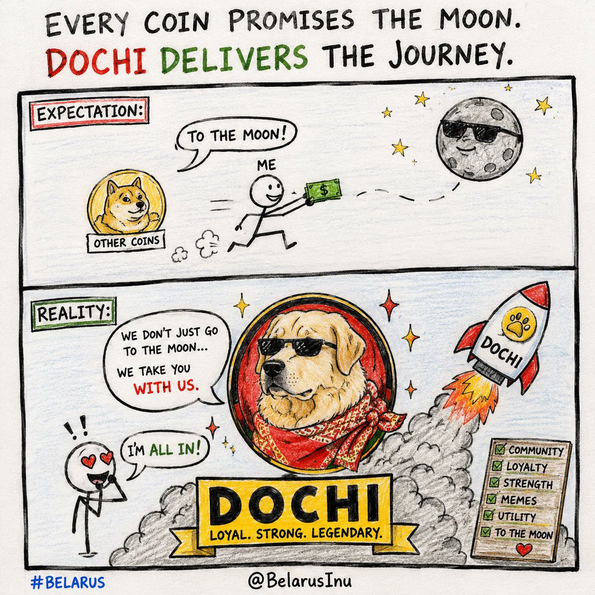 Balogun_A_'s tweet photo. @BelarusInu My entry: **POV: Me after getting rugged 17 times 😭📉
DOCHI: “Bro… get in, we’re leaving together” 🐾🚀
Hand-drawn entry for the meme war 🔥
#BELARUS @BelarusInu #DOCHI** https://t.co/lqQedlILUb