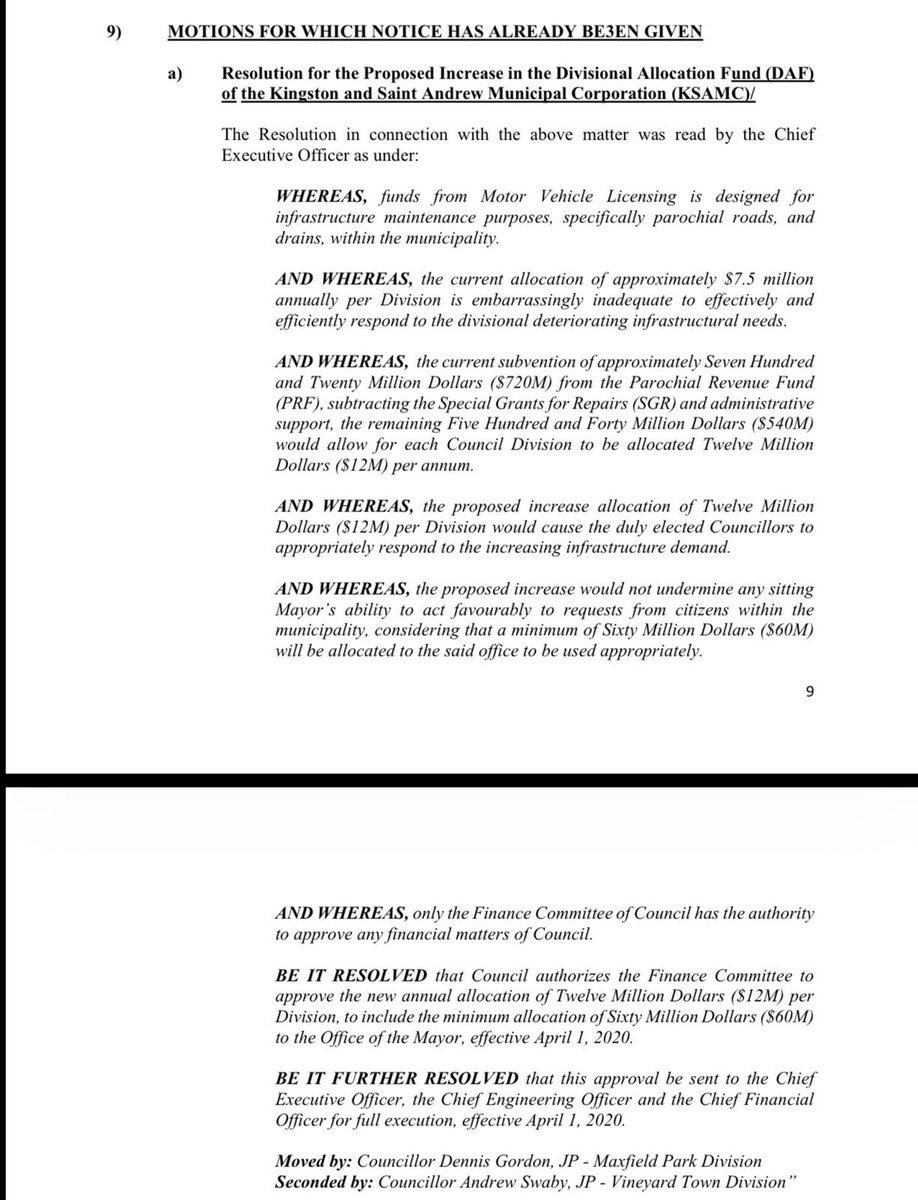 NestaJA's tweet photo. I have shared a copy of Mayor Swaby’s 2020 Resolution calling for an increase in the PRF portions allocated to each of the 40 KSAMC divisions.

Despite getting approximately $300M more since becoming mayor, the Mayor of Kingston has not increased the allocations to divisions; however, he keeps lamenting the need for more funds.

His disinvestment in Road Infrastructure is directly related to the state of our roads