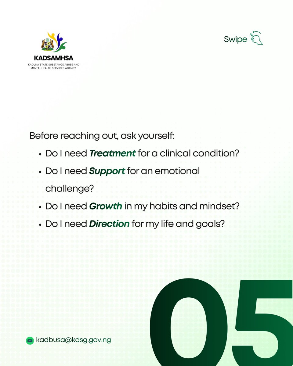 KADSAMHSA's tweet photo. Ask yourself:
• Do I need treatment?  
• Emotional support?  
• Personal growth?  
• Direction and guidance?  

Seeking help is a sign of strength.

📧 kadbusa@kdsg.gov.ng  
📞 08146211112 / 07089388327

#MentalHealth #KADSAMHSA https://t.co/KrzGgQGLu8