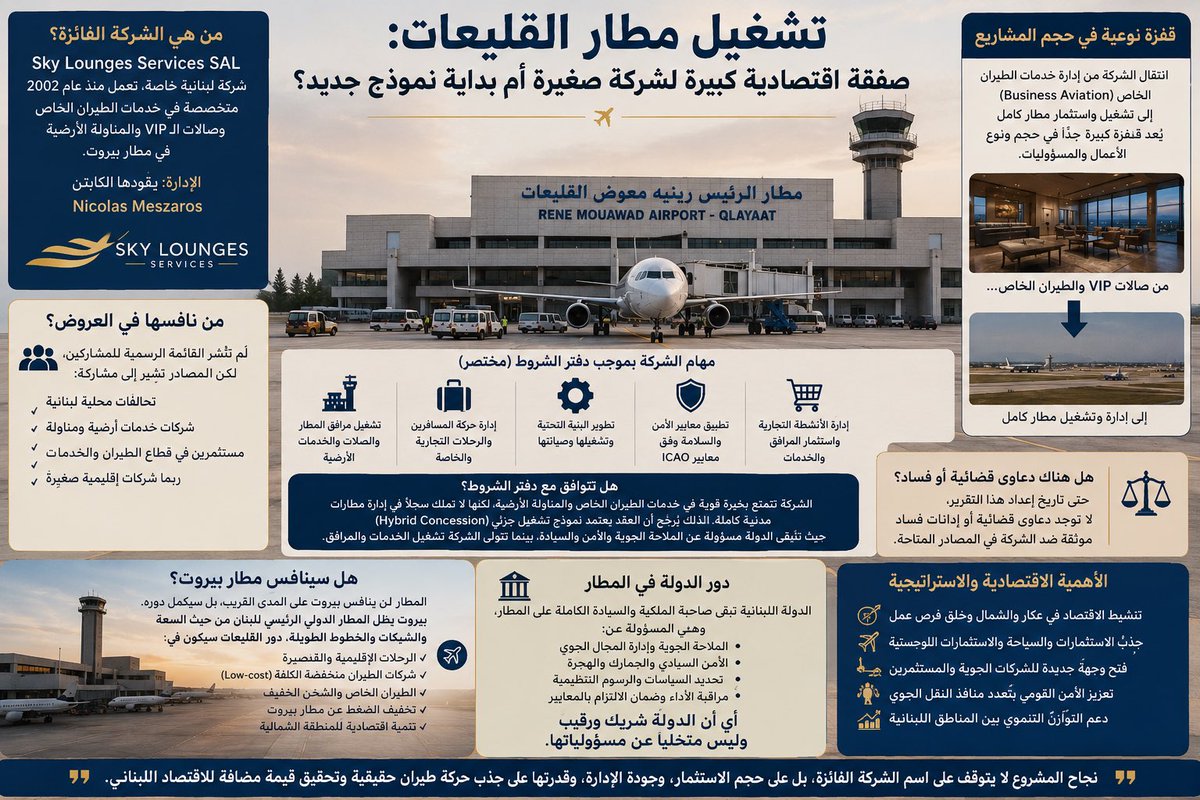 NadaSouaid's tweet photo. تشغيل مطار القليعات صفقة اقتصادية كبيرة لشركة صغيرة أم نموذج جديد لقدرة القطاع الخاص إدارة مرافق استراتيجية؟
 Sky Lounges Services
من الطيران الخاص وصالات الـVIP  لBusiness Aviation وتشغيل واستثمار مطار كامل. 
 طيران بكلفة منخفضة والدولة تمسك الأمن الرقابة الجمارك الملاحة https://t.co/lHOXY5dj5z
