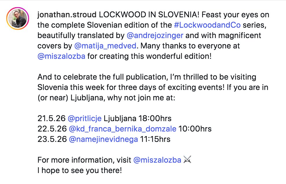GeorgiaLawePR's tweet photo. LOCKWOOD (and Jonathan) come to SLOVENIA! 

The complete set of #LockwoodandCo - out now in Slovenia with Mis Publishing (aren't the covers stunning?!) 

This week - @JonathanAStroud will be travelling to Slovenia for three days of events.

JOIN HIM! https://t.co/nHL4QhTp8b