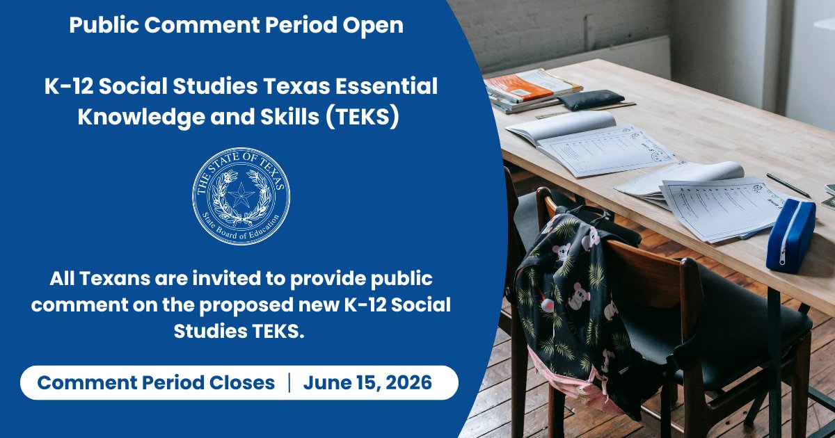 TXSBOE's tweet photo. The public comment period for the proposed new K-12 Social Studies TEKS is now open. To view the proposed TEKS and submit public comments, visit: https://t.co/W8MGCunNUh. https://t.co/vei1GSTB4j