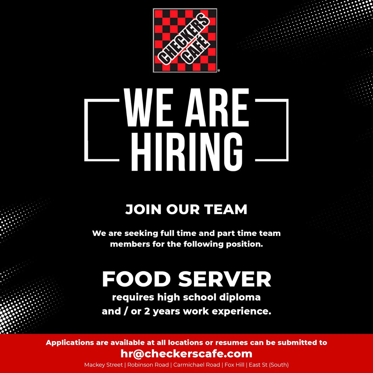 CheckersCafe242's tweet photo. Since 1989, we have helped young Bahamians work while pursuing their education &amp; career goals.

We are seeking a full time member for the position of Food Server.

Resumes can be submitted to hr@checkerscafe.com https://t.co/vrsvt3rOpJ