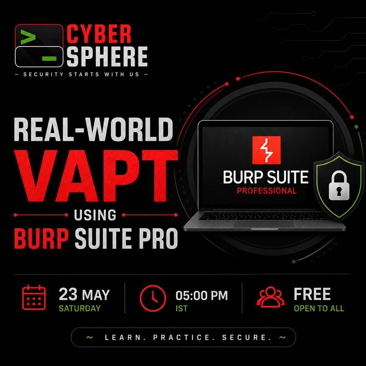 harshmess's tweet photo. 🚨 FREE LIVE WORKSHOP 🚨

Real-World VAPT Using Burp Suite Pro 🔥

📅 23 May (Saturday)
⏰ 5:00 PM IST

Learn practical web pentesting, real-world methodologiesoo

🎯 Free &amp; Open to All
Hosted by CYBER SPHERE
https://t.co/M8mf3PxOa7

#cyberconspiracy  #hack https://t.co/2qfv7i2lTx