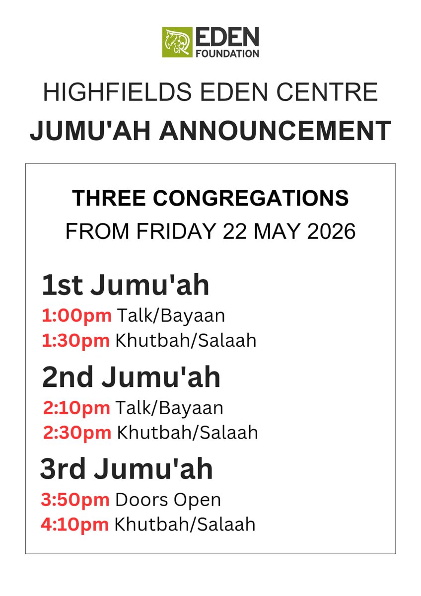 TEFHudds's tweet photo. Jumu'ah Announcement
#edenfoundation #Highfields #Jummah https://t.co/yzcZPIuTFS