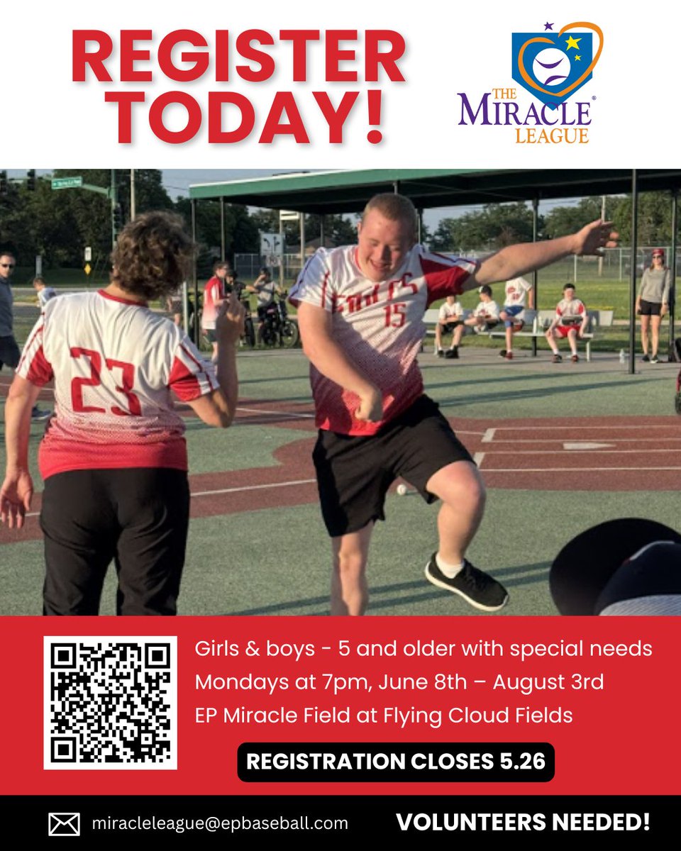 BaseballEP's tweet photo. ⏰ Final call! Miracle League registration closes TOMORROW ❤️⚾

📅 Mondays | June 9 – August 4
📍 Flying Cloud Fields
Register now: https://t.co/X36Bzc4CXl
#FlyTogether #EPBaseball #MiracleLeague https://t.co/4rhNV2kFeA