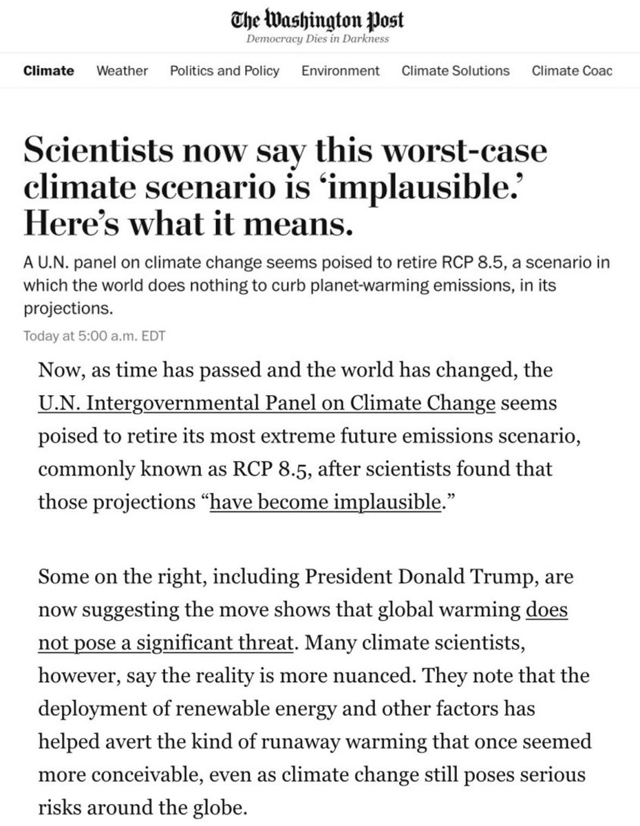 ChrisMartzWX's tweet photo. RCP8.5 / SSP5-8.5 is dead.

And, while it was never really plausible to begin with, climate “scientists” (and I use air quotes there) are trying to spin this development with the new CMIP7 models as being a result of falling costs of renewables and the deployment of said technologies to the grid. 

But this just isn’t true because RCP8.5 projected a six-fold increase in coal consumption per capita through 2100. It was never plausible from the get go  (e.g., Ritchie & Dowlatabadi, 2017; Pielke & Ritchie, 2021).

🔗 https://t.co/7EW7HpteVP

🔗 https://t.co/o1okM1o1fe and https://t.co/WO1uvY8eBS

Academics, particularly in this field, love to rewrite history because it absolves them of accountability, and the media eats it up.
